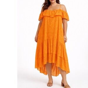 Layered With Love NWT Orange Eyelet Off The Shoulder High Low Midi Dress Size 2X